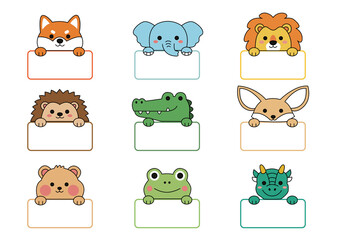 Obraz premium Cute animal name tag template for kindergarten, vector illustration set (幼稚園の可愛い動物ネームタグテンプレート、名前ラベルイラストセット)