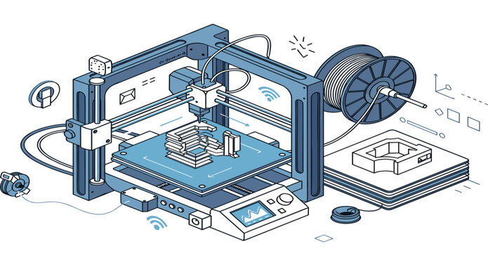 Isometric 3D Printer Machine Illustration with Filament Spool and Printed Object Layers for Additive Manufacturing, Prototyping Technology, and Engineering Design Concepts