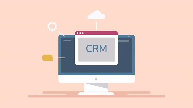 Customer relationship management. CRM software application. Customer relationship management system displays cloud integration on a computer monitor. 2d animation.
