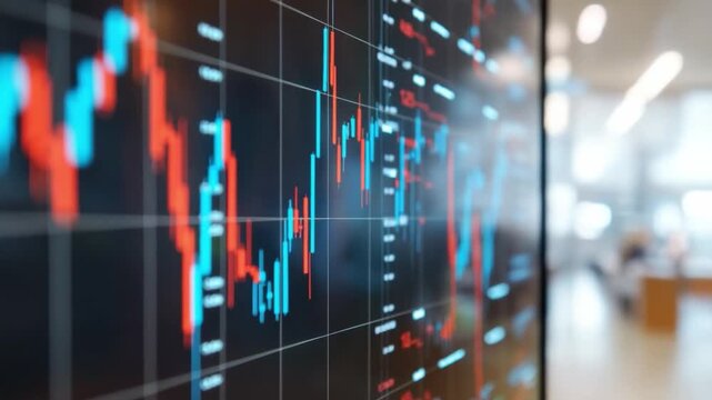 Financial Graph Dynamics: A close-up showcases a detailed financial graph on a monitor, with red and blue lines depicting the volatile ups and downs of the market.