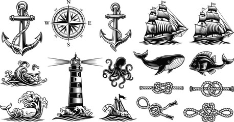 Hand-Drawn Nautical Collection Featuring Anchors, Compass, Lighthouse, Sailing Ships, Marine Animals, and Rope Knots for Ocean, Travel, and Maritime Designs © MstRoksana