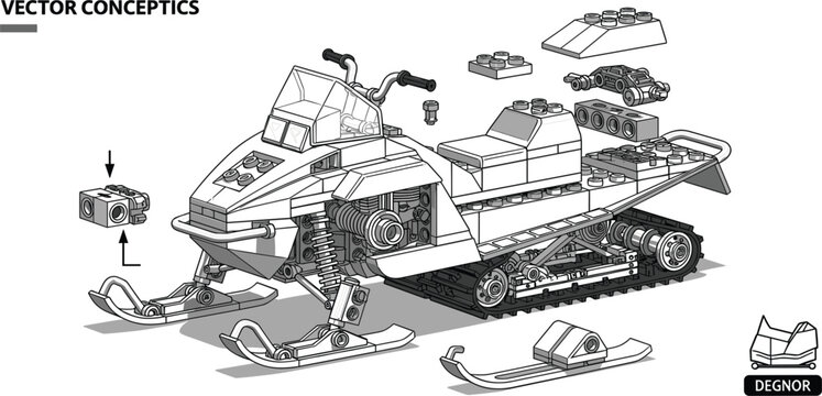 Isometric Snowmobile Assembly Illustration with Exploded Mechanical Parts and Modular Components for Engineering Design, Vehicle Construction, and Technical Blueprint Concepts