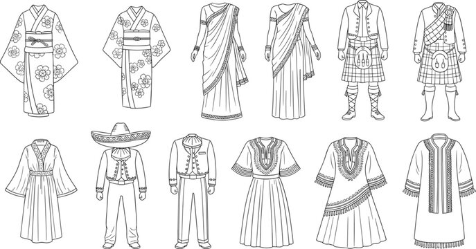 Hand-Drawn Traditional Clothing Collection Featuring Kimono, Sari, Kilt, Sombrero, and Ethnic Dresses for Cultural, Fashion, and Costume Designs