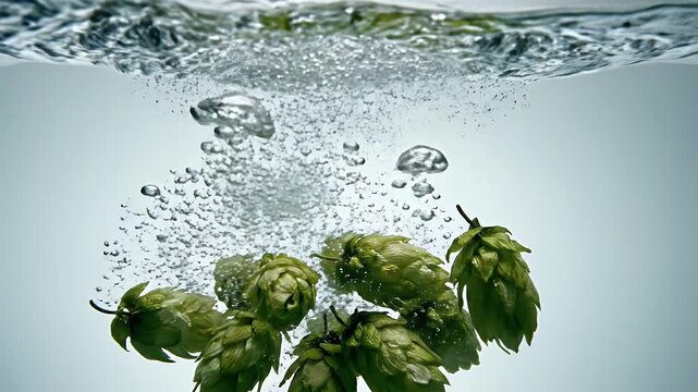 A close-up shot captures fresh green hops submerged in clear water, creating a visually striking and refreshing composition.