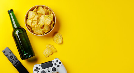 Potato chips, beer and gamepad on yellow background © Evgeny Karandaev