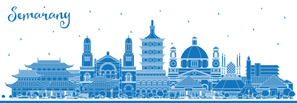 Outline Semarang Indonesia City Skyline with Blue Buildings. Illustration. Business Travel and Concept with Modern Architecture. Semarang Cityscape with Landmarks.