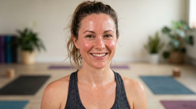 Woman smiling after yoga class in wellness studio