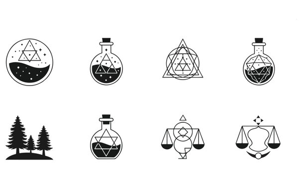 Premium 8 Sacred Geometry  Alchemy Icons - Modern Mystical Symbols, Magic Potion Bottle Graphics, Esoteric Alchemy Assets  Spiritual Geometry Icons for Branding