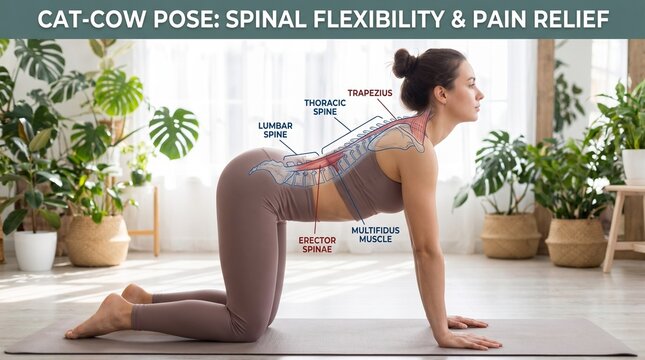 Woman Performing Cat Cow Pose for Spinal Flexibility