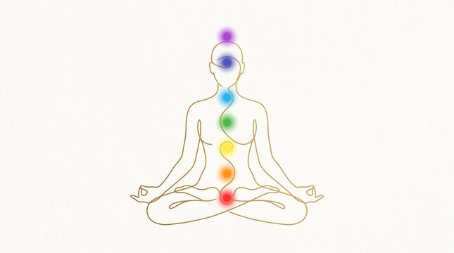 Meditating person with seven colorful glowing chakra energy points