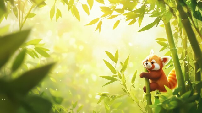 Cute Red Panda Cartoon Character in a Bamboo Forest Setting