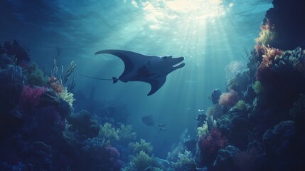 Obraz premium Majestic Manta Ray Swimming Gracefully Through Coral Reef