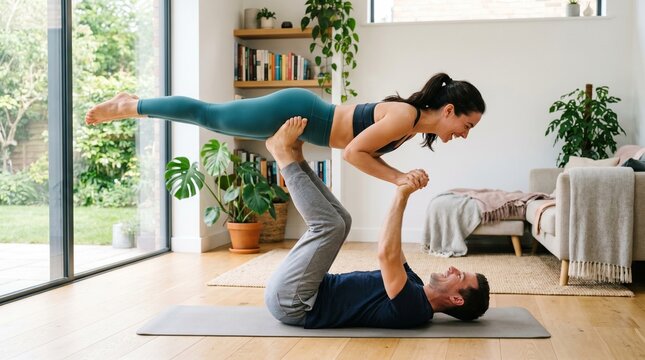 Couple practicing acro yoga in bright modern home living room