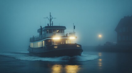 Obraz premium Foggy Night Scene with Boat Sailing Through Mysterious Waters
