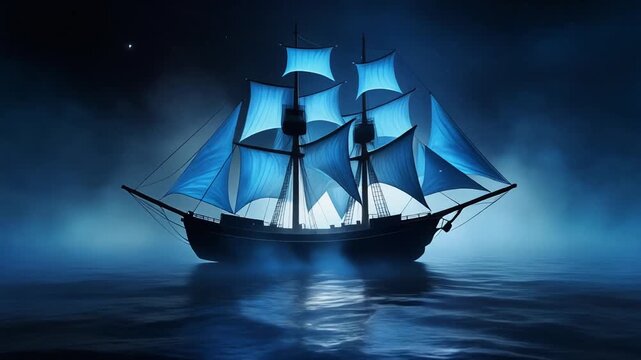 Blue illuminated sailing ship on calm water. Sailing ship under a starry night sky. Sailing ship with ethereal glow for peaceful maritime and fantasy nautical visuals design.