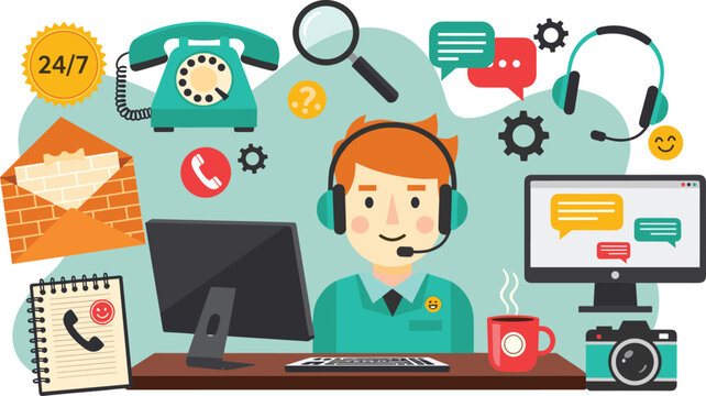 Customer Support Service Vector with Agent, Headset, Call Center Equipment, 24/7 Availability, and Communication Icons