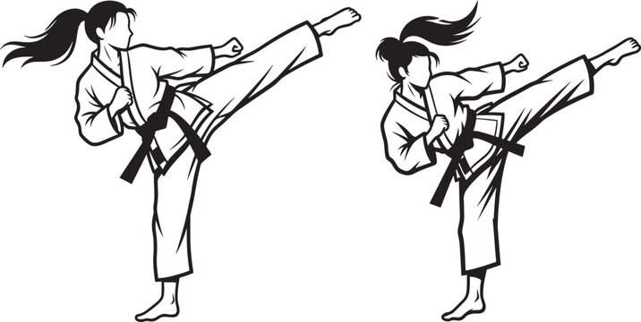 Two women practicing martial arts kicks in dojo with kung fu high kick side kick self defense taekwondo athletes practicing training athletic activity performance movement determination