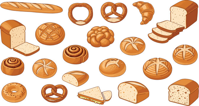 Cute Cartoon Bakery Bread Icon Set with Fresh Baked Loaves Buns Pretzels and Pastries for Food Design, Menu, and Kitchen Graphics