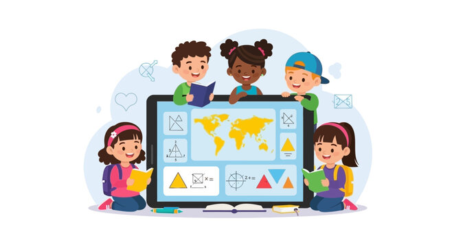 Diverse children learning together on a digital tablet with world map.