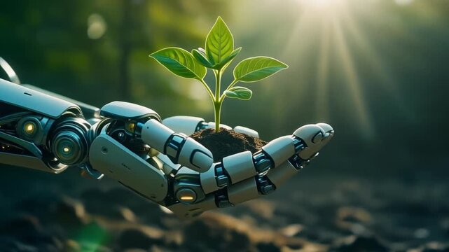 Robotic hand gently holding a green plant. Robotic hand for nature sustainability. Robotic hand with seedling sprout for environmental technology and bioengineering concepts.