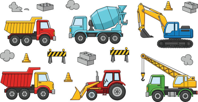 Cute Cartoon Construction Vehicles Icon Set with Kawaii Trucks Excavator Crane Tractor and Heavy Machinery for Kids Design and Nursery Graphics
