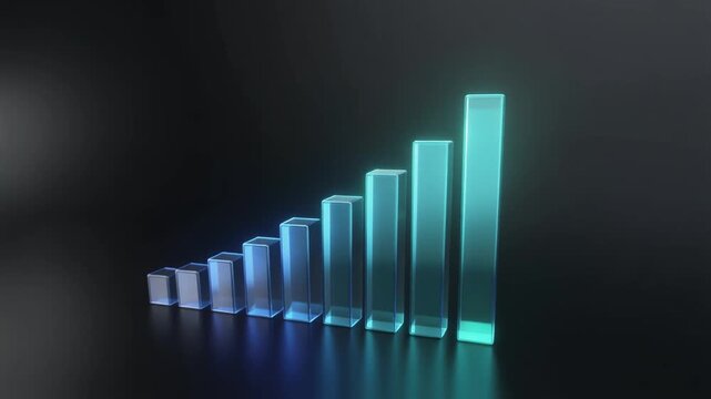 Glass bar graph shows upward trend. Glass bar graph with blue light glow. Glass bar graph for successful business growth and finance data analysis visualizations art.