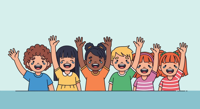 Diverse group of happy children waving hands cheerfully.