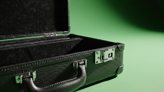 Close-up of an open black briefcase with a handle and metal latches on a green background, showcasing its interior.