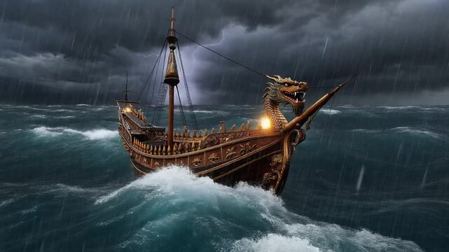 Dragon ship sails in a storm sea. Dragon ship with lightning strikes near. Dragon ship for ancient maritime vessel and epic fantasy adventure journey visualizations art.