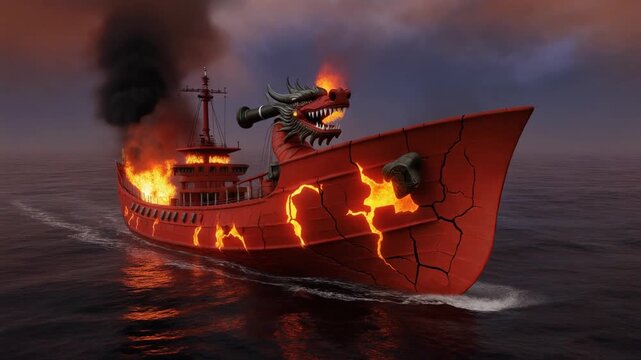 Burning dragon ship floats on ocean. Dragon ship consumed by fire and smoke. Dragon ship for epic fantasy maritime battle and tragic ship wreck visualizations art animations.