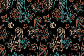 Ikat floral paisley embroidery seamless pattern on background. Ikat ethnic flower oriental pattern traditional. Aztec style abstract vector illustration. design for ikat floral fashion fabric,clothing © Suttiwat