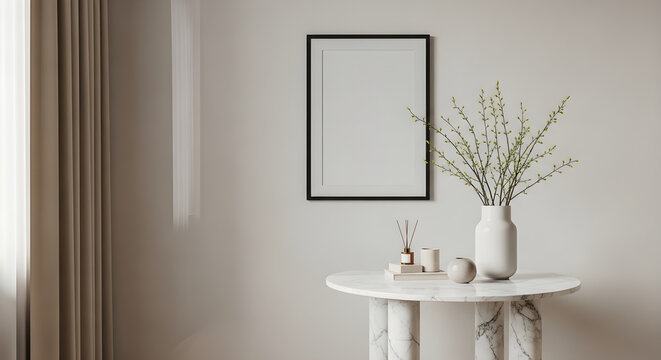 Modern interior design with a marble table, vase, and frame on the wall