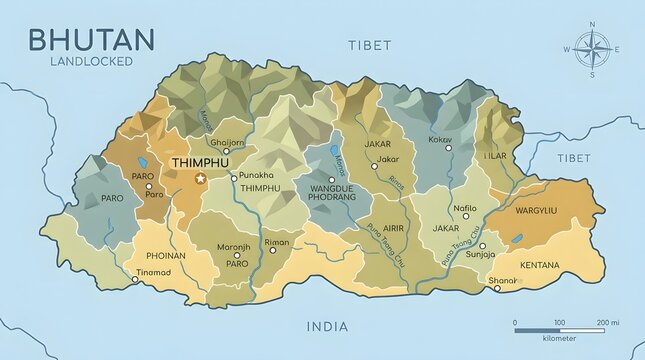 Detailed political map of Bhutan with cities rivers and topographic features landlocked in Asia