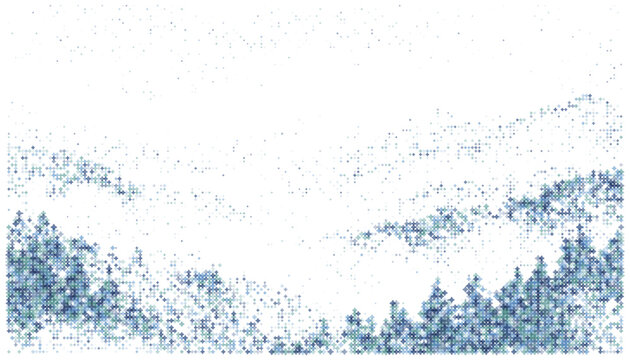Vector abstract mountain landscape and pine forest silhouette formed by blue diamond particles halftone for nature technology science and environment digital concept