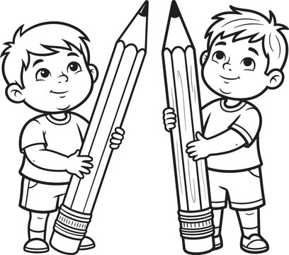 Two cartoon boys holding giant pencils with back to school white background black and white art supplies writing tools drawing tools children education learning creative imagination