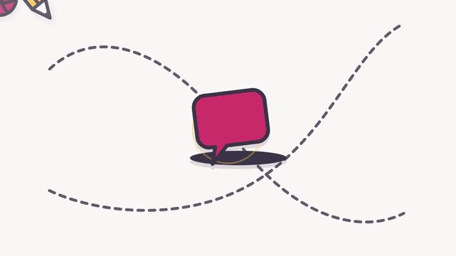 Animated flat design icons of office documents and digital communication tools emerging from a hole on a clean white background