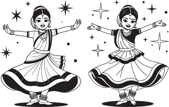 Two indian dancers in traditional costumes performing a dance with south asian black and white motion lines traditional performance performing bharatanatyam classical movement graceful