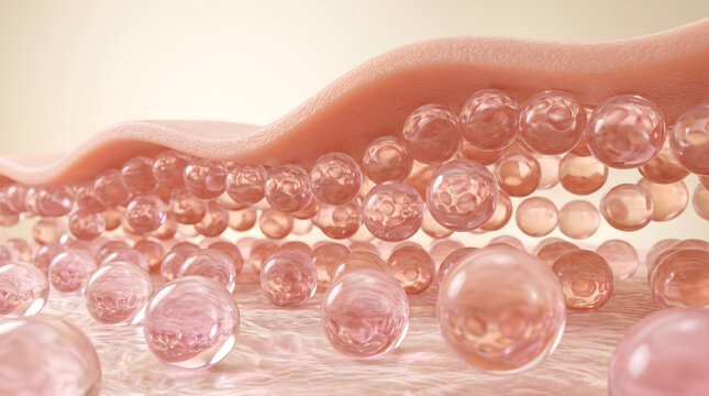 Collagen spheres within the dermal matrix restore volume and improve overall skin elasticity and firmness. 3D rendering.