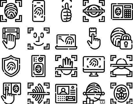 Biometric identification icons featuring fingerprint, facial recognition, iris scan, and handprint technology for security, access control, and personal data verification