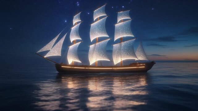 Majestic ship sails under a starry night. Majestic ship with glowing tall sails. Majestic ship for luminous ocean travel and peaceful moonlit maritime journey visualizations art.