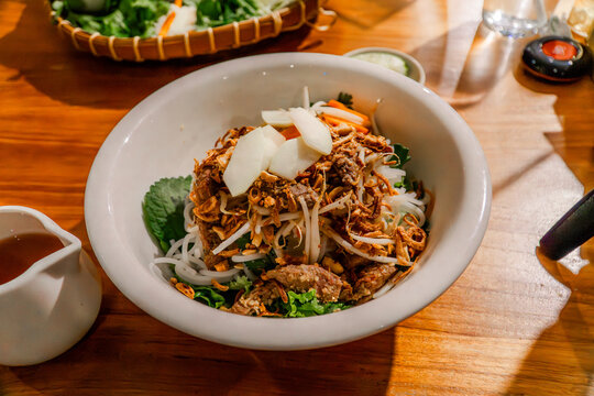Vietnamese Bun Thit Nuong with Grilled Pork and Fresh Herbs