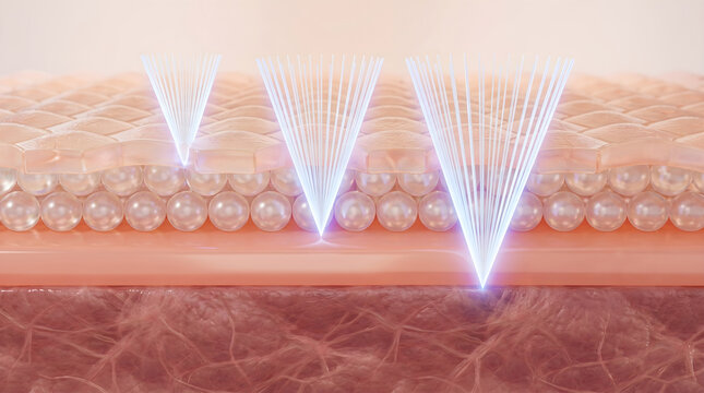 Fractional laser technology reaches the deep dermis to repair damaged fibers and enhance skin texture. 3D rendering.