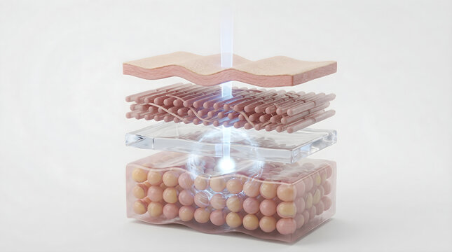 A focused laser beam reaches deep into the skin matrix to stimulate collagen fibers and tissue renewal. 3D rendering.