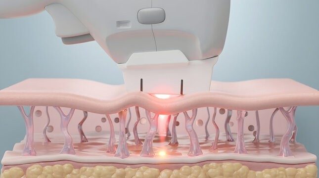 Dermatological laser device emits red light pulses to treat subcutaneous layers and boost elasticity. 3D rendering.
