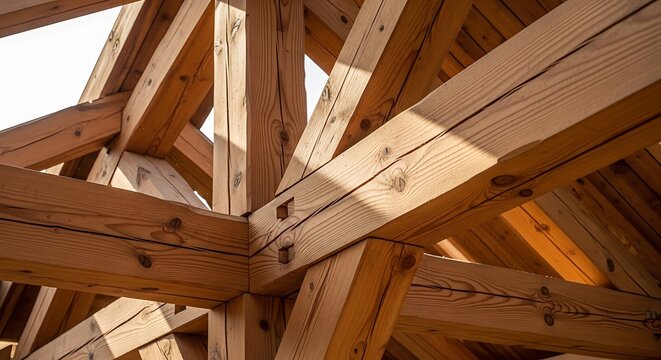 Close up of traditional wooden timber frame roof structure with mortise joints