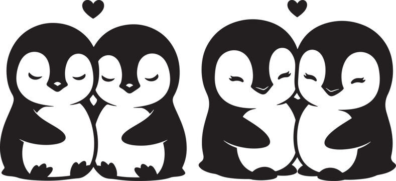 Four cute cartoon penguins in pairs embracing with hearts above black and white character illustration adorable embracing whimsical childlike wildlife antarctica friendship affection