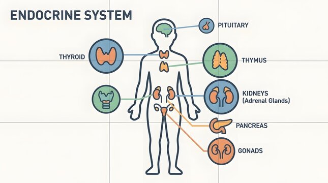 Endocrine system illustration showing locations of key glands and organs in human body diagram
