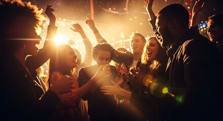 Group of diverse friends celebrating and dancing together at a lively night party.
