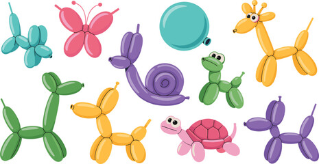 Balloon animal set, colorful twisted balloons collection with dog giraffe snail turtle frog cute shapes © Majnur