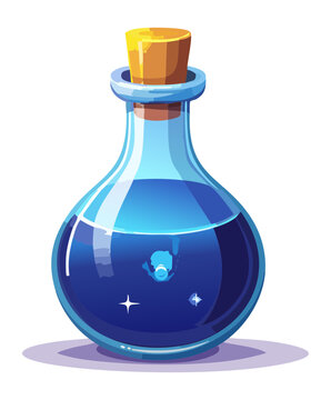 Spherical glass flask with sparkling blue magic liquid for mana regeneration and fantasy sorcerer character equipment inventory game asset design